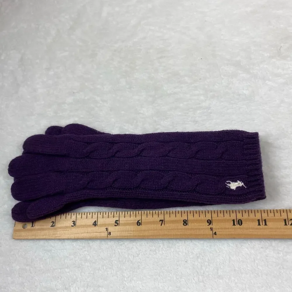 Ralph Lauren Women Gloves One Size Pony Logo Cable Knit Purple Cozy Wool Blend